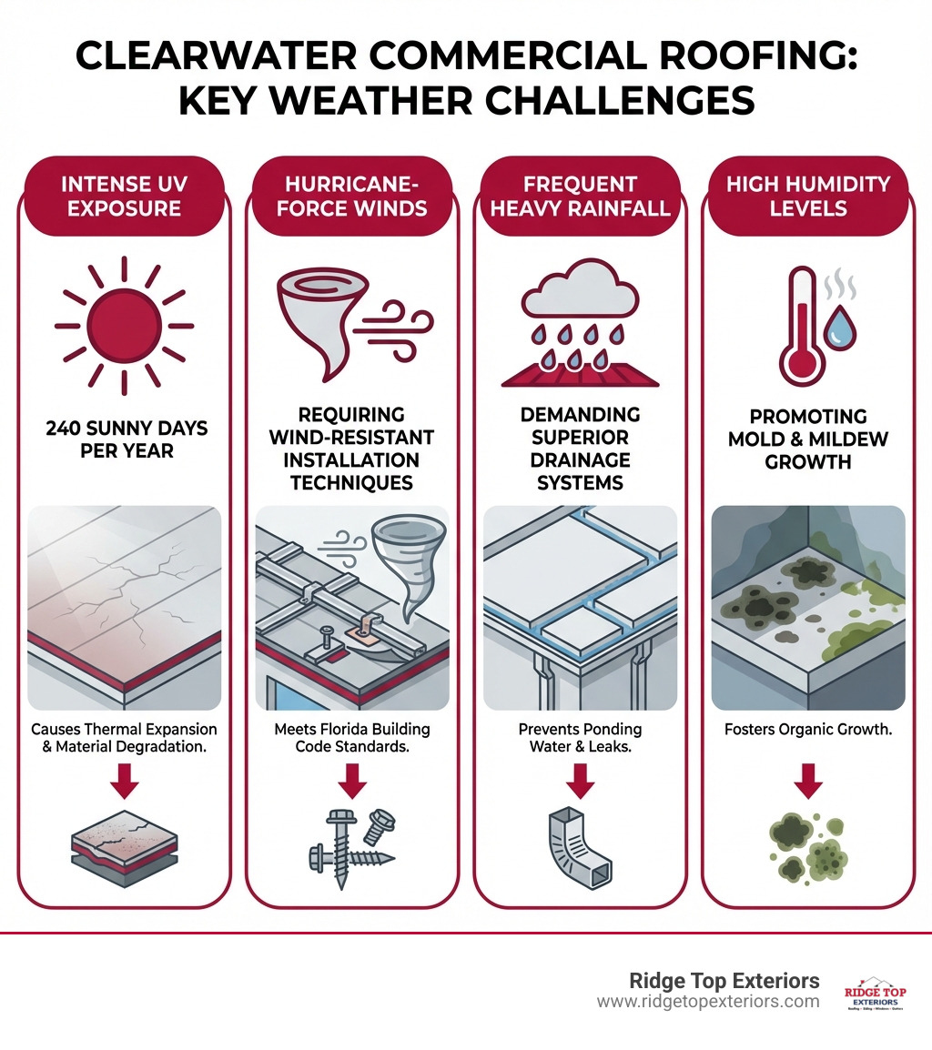 Infographic showing four key weather challenges for commercial roofs in Clearwater Florida: Intense UV exposure with 240 sunny days per year causing thermal expansion and material degradation, hurricane-force winds requiring wind-resistant installation techniques, frequent heavy rainfall demanding superior drainage systems, and high humidity levels promoting mold and mildew growth - Clearwater commercial roofing infographic 