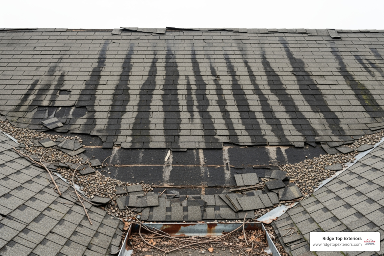 A damaged commercial roof showing cracked shingles and water stains - Clearwater commercial roofing