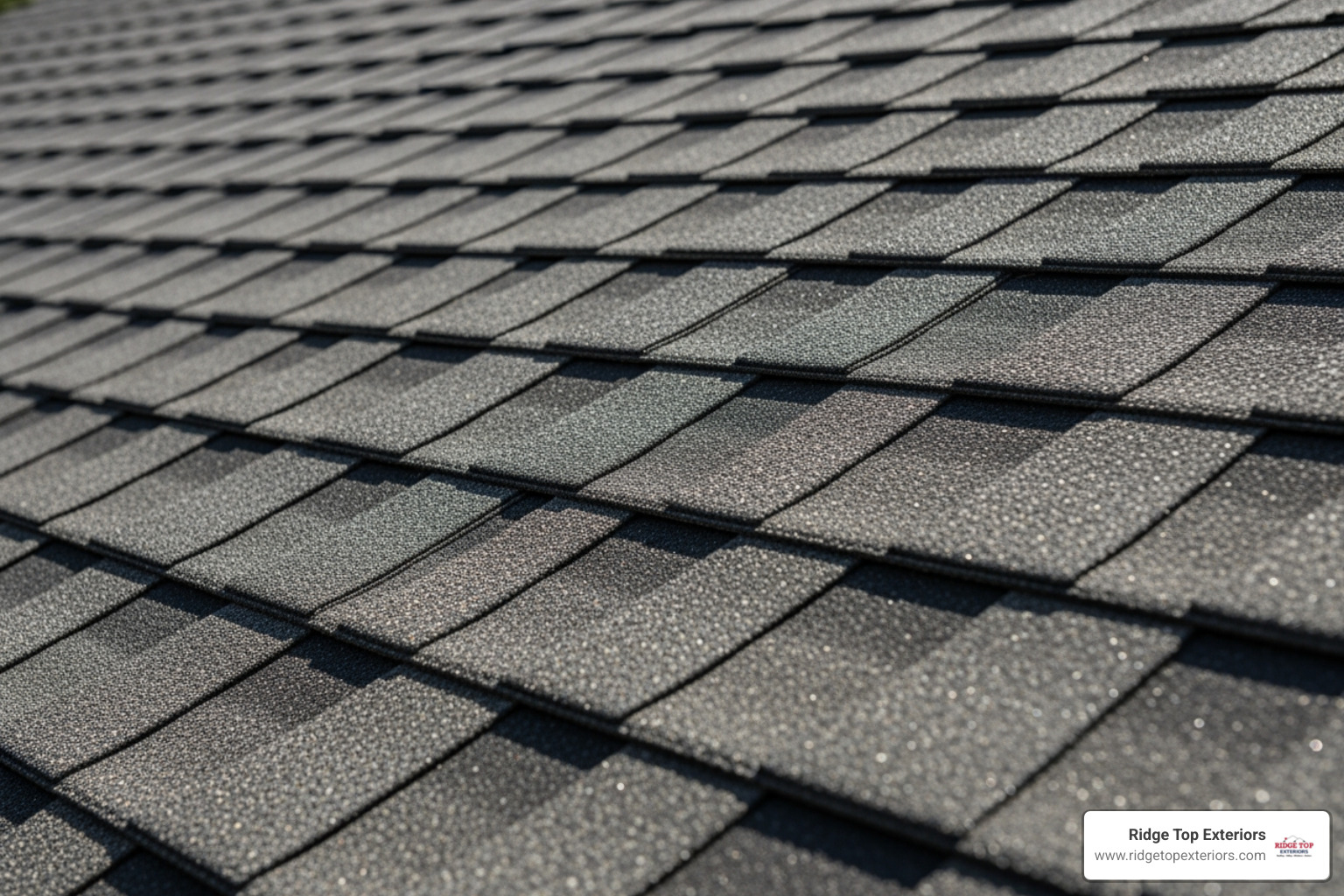 A close-up view of perfectly aligned GAF asphalt shingles on a residential roof, showcasing meticulous craftsmanship. - 5-star roofing reviews