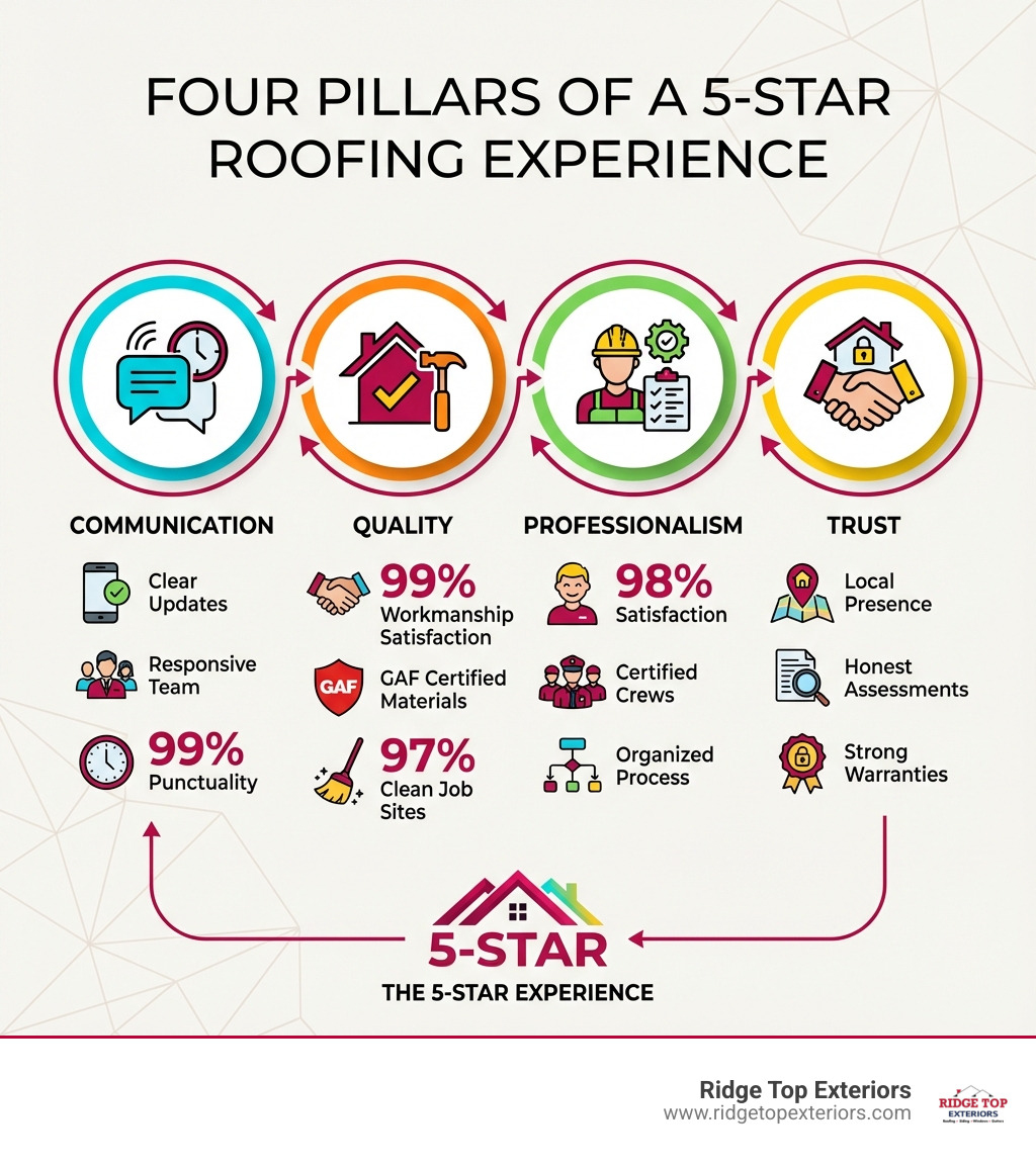 Infographic showing the four pillars of a 5-star roofing experience: Communication (clear updates, responsive team, 99% punctuality), Quality (99% workmanship satisfaction, GAF certified materials, 97% clean job sites), Professionalism (98% satisfaction, certified crews, organized process), and Trust (local presence, honest assessments, strong warranties) - 5-star roofing reviews infographic 