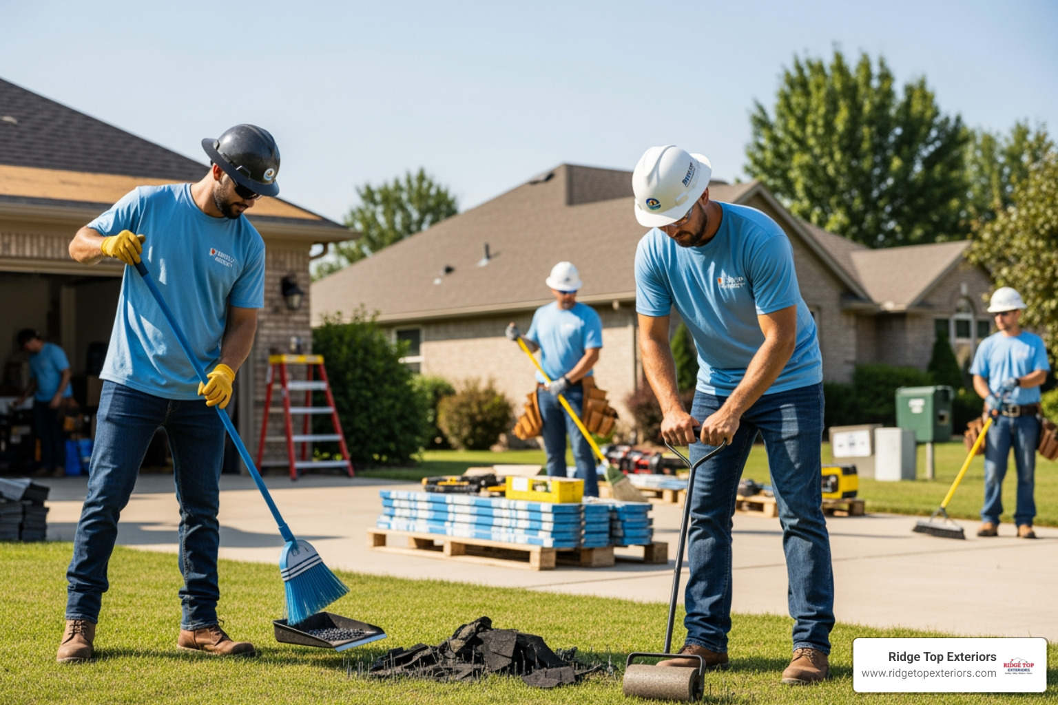 A roofing crew meticulously cleaning a residential job site, sweeping up debris and using a magnetic roller to pick up nails. - 5-star roofing reviews