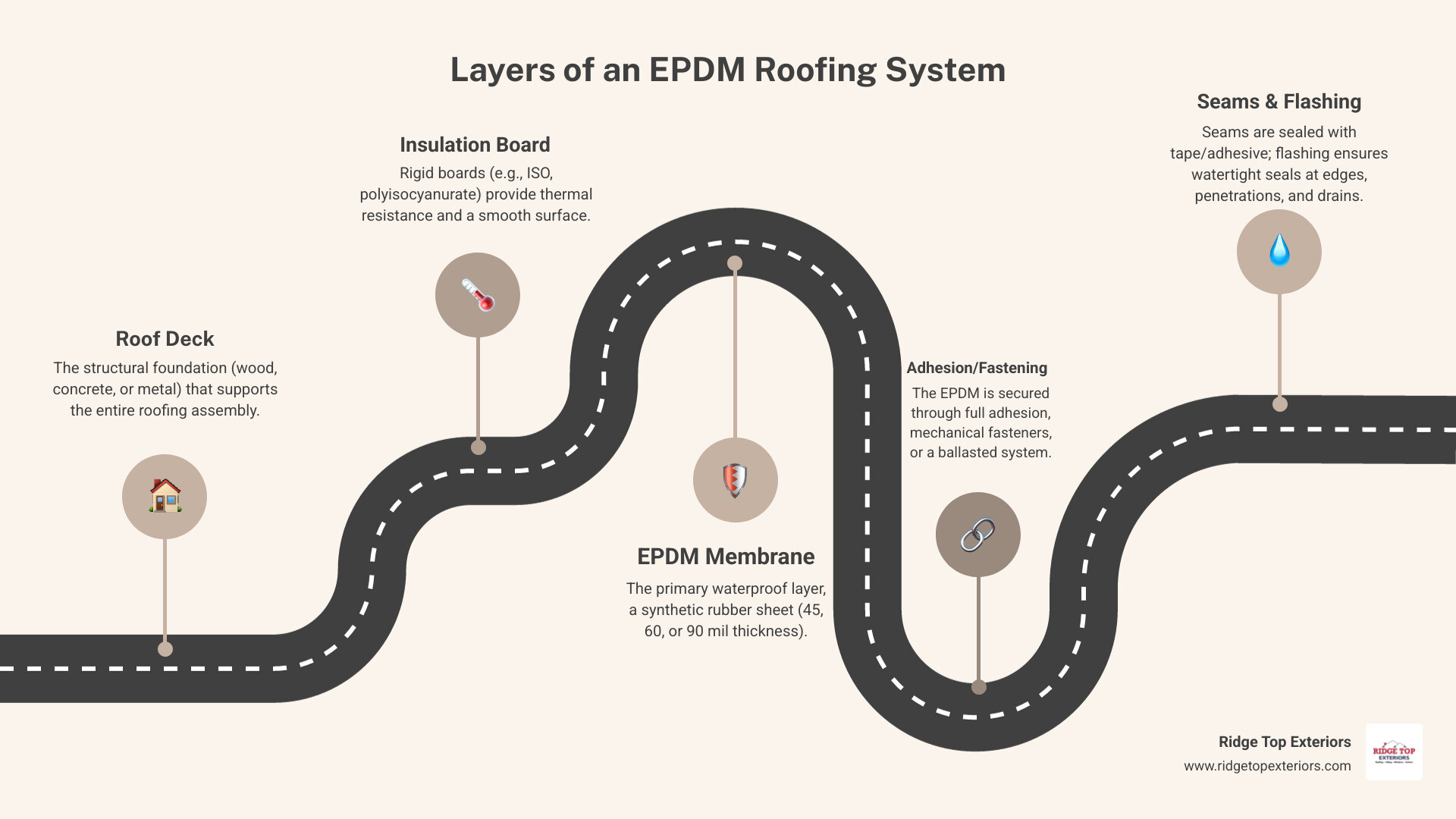 Infographic showing the layers of an EPDM roofing system from bottom to top: roof deck, insulation board (typically ISO or polyisocyanurate), EPDM rubber membrane (available in 45, 60, or 90 mil thickness), and seam tape or adhesive bonding. The diagram includes labels for key components like fasteners, flashing at edges and penetrations, and drainage considerations. Color scheme uses Ridge Top Exteriors' white, burgundy (#B20839), and navy (#0D224B) branding. - EPDM roof installation Milwaukee infographic roadmap-5-steps