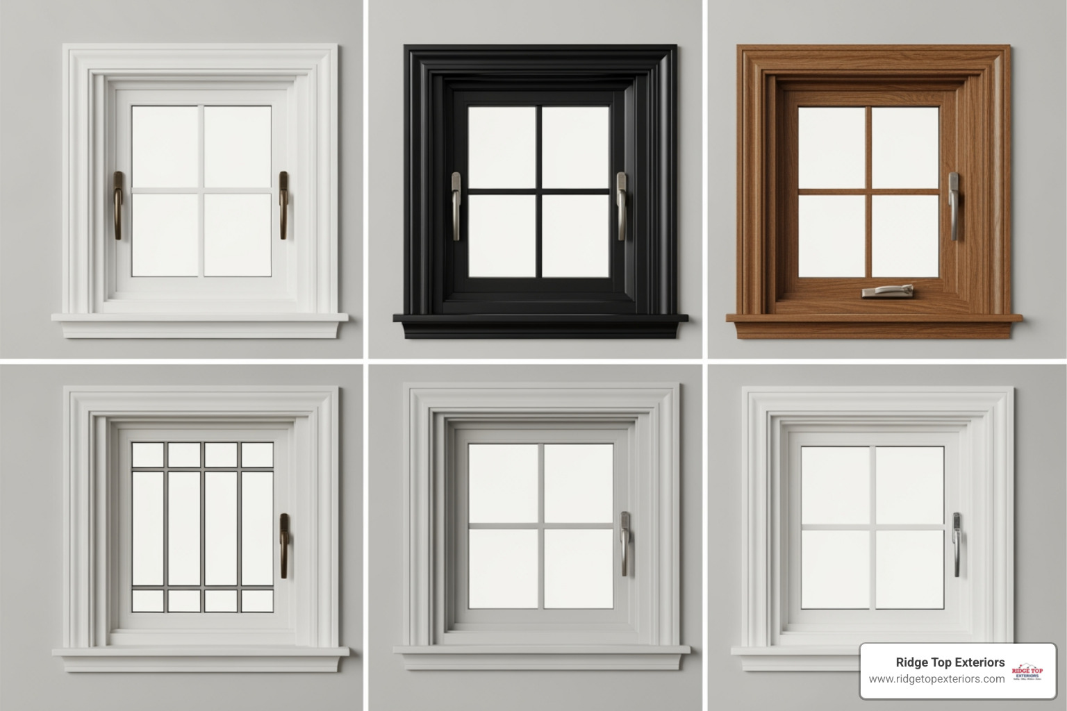 Various window customization options, including different frame colors (white, black, wood grain), hardware styles (bronze, brushed nickel, chrome), and grille patterns (colonial, prairie, grid), all in a clean, modern design. - Double hung windows Madison