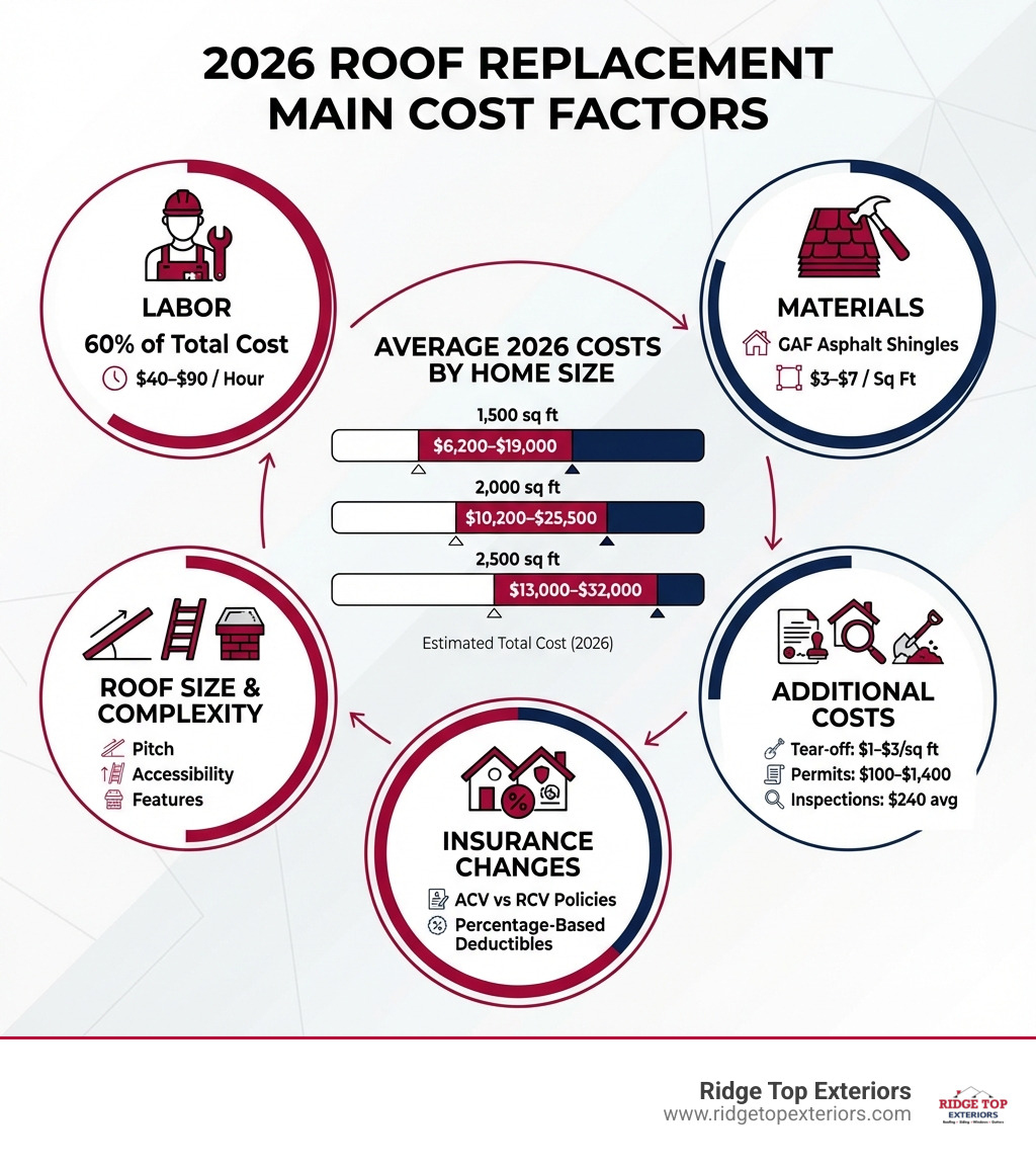 Infographic showing the main cost factors for 2026 roof replacement: Labor (60% of total cost, $40-$90/hour), Materials (GAF asphalt shingles $3-$7/sq ft), Roof Size & Complexity (pitch, accessibility, features), Additional Costs (tear-off $1-$3/sq ft, permits $100-$1,400, inspections $240 average), and Insurance Changes (ACV vs RCV policies, percentage-based deductibles). Center shows average 2026 costs by home size with color-coded bars in Ridge Top white, burgundy #B20839, and navy #0D224B. - new roof cost 2026 infographic 