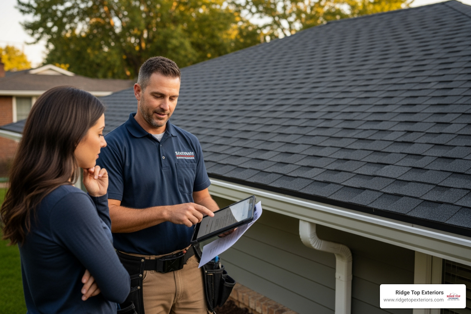 A roofing contractor uses a tablet to show a homeowner an estimate while standing outside a house with a new roof. - new roof cost 2026