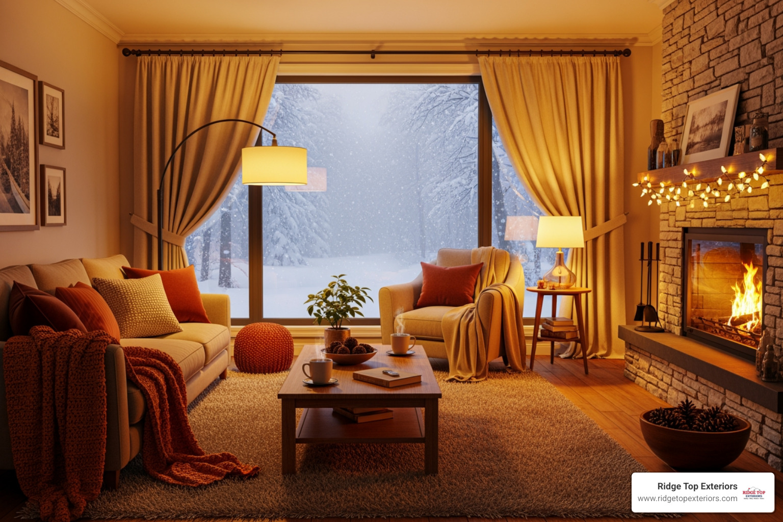 of a cozy living room in winter with snow visible outside the window - triple pane windows