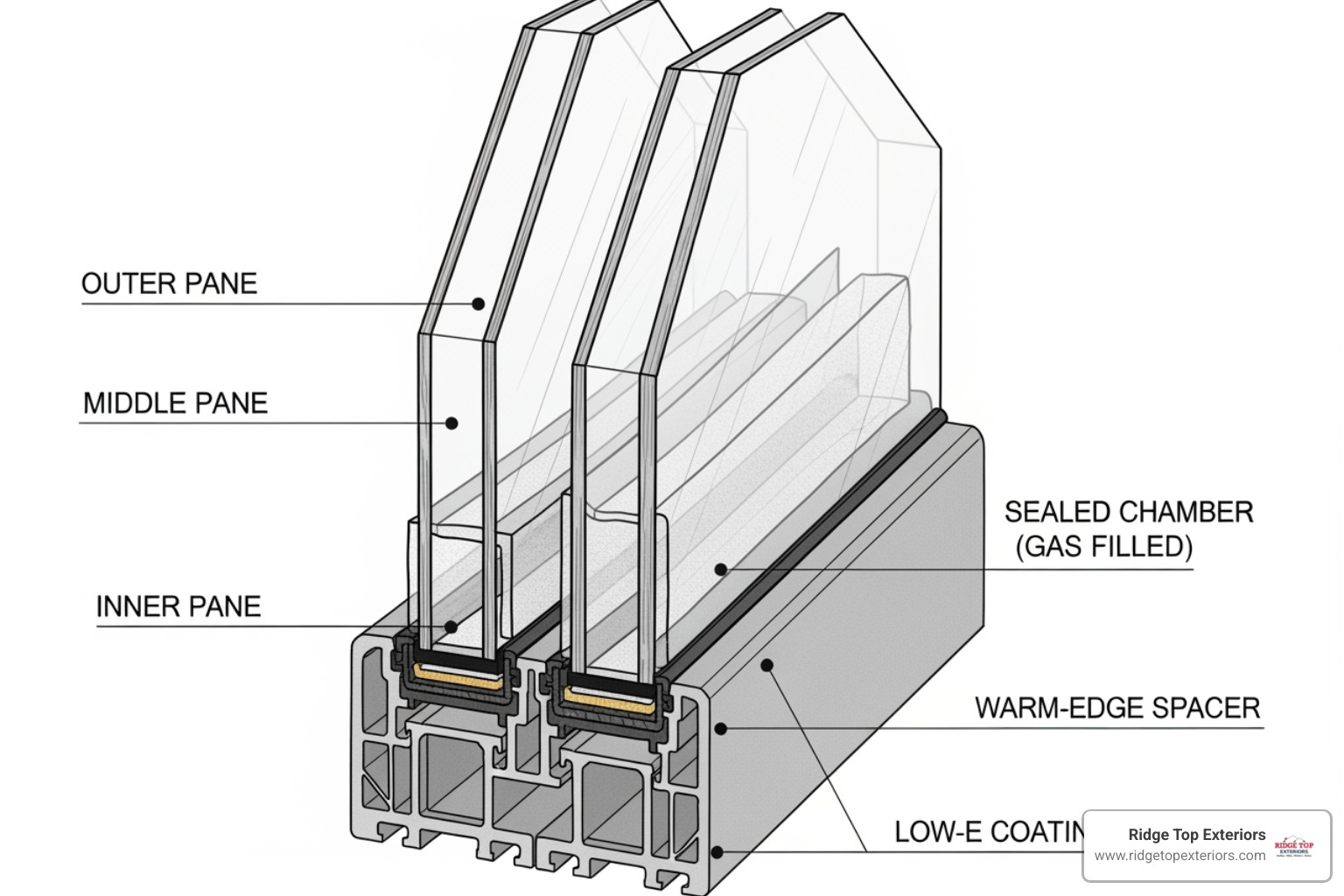 of a labeled cross-section of a triple-pane window - triple pane windows