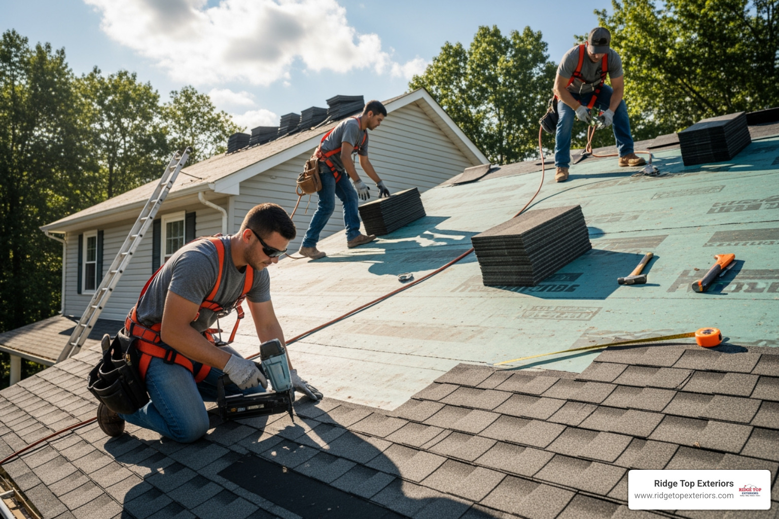 GAF Master Elite Contractor logo or a team installing a GAF roof - GAF golden pledge