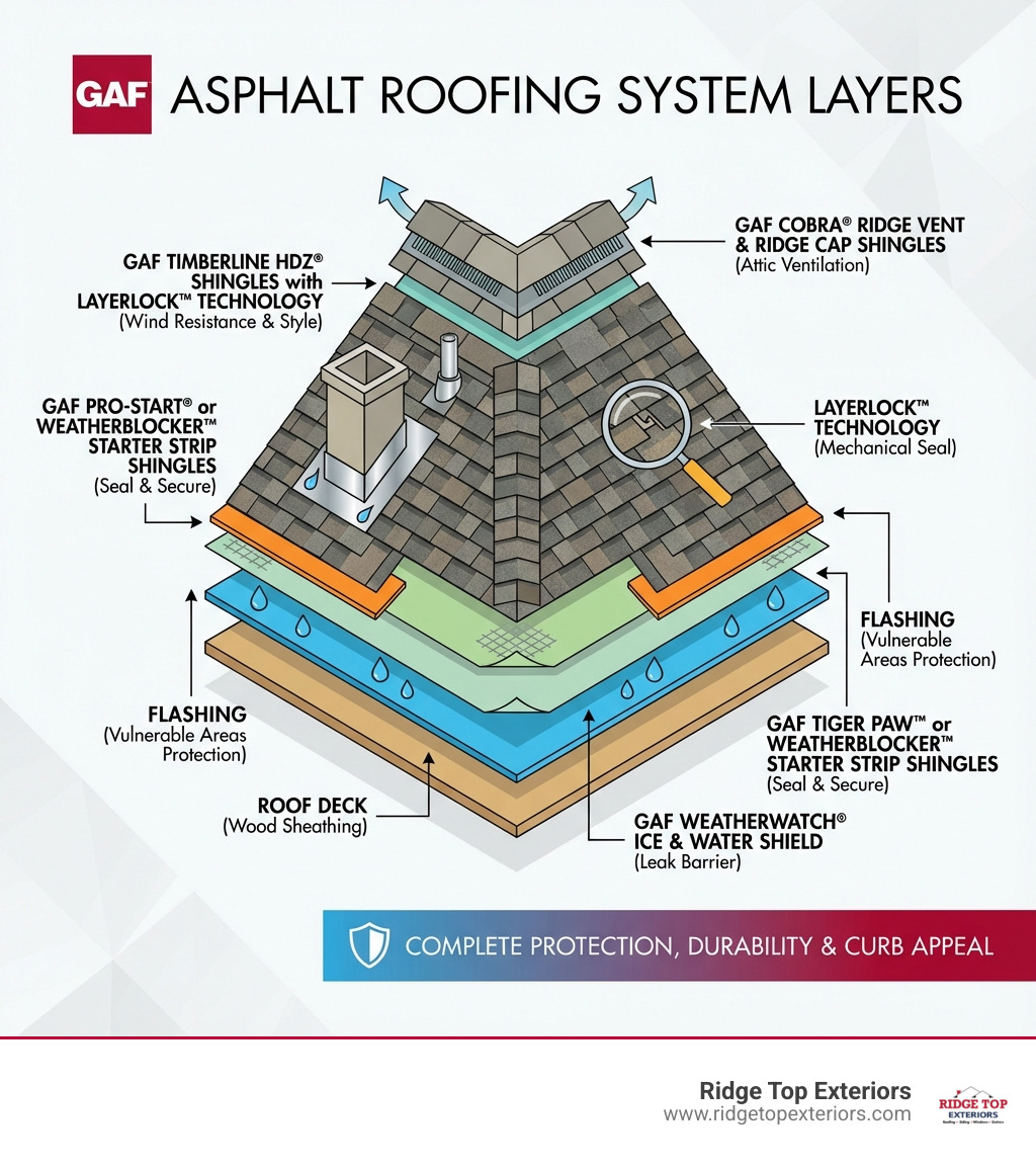 infographic showing the complete layers of a GAF asphalt roofing system from roof deck to shingles, including underlayment, ice and water shield, starter strips, flashing, ridge vents, and GAF Timberline HDZ shingles with LayerLock technology - What is asphalt roofing? infographic 
