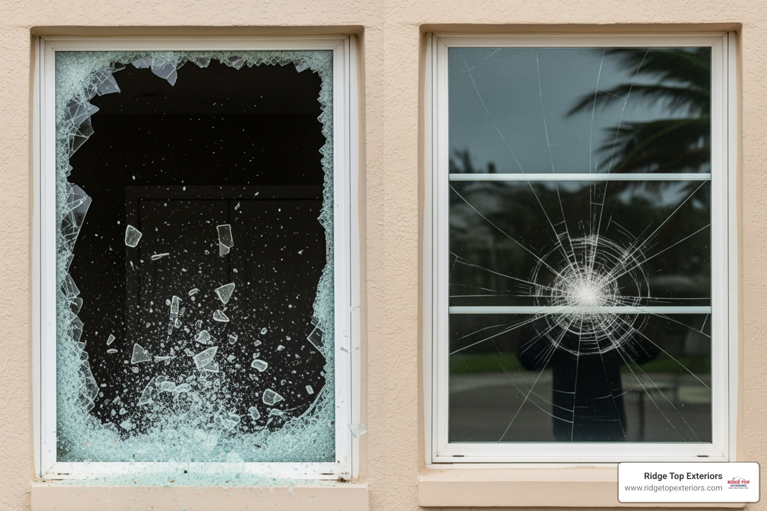 side-by-side comparison showing a shattered traditional window next to a cracked but intact impact window - Clearwater hurricane windows