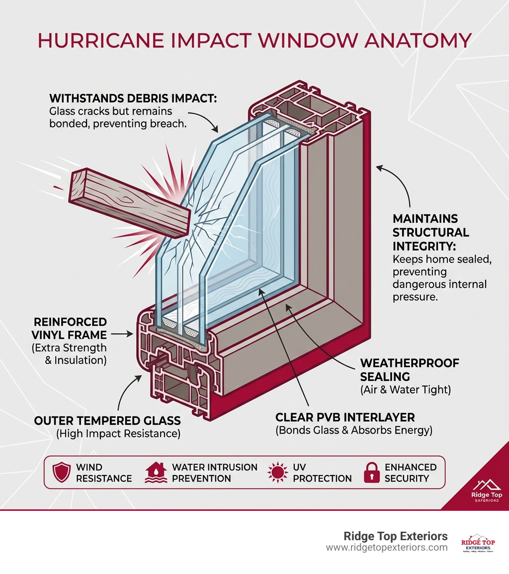 Infographic showing the cross-section anatomy of a hurricane impact window with labeled layers: outer tempered glass, clear PVB interlayer, inner tempered glass, reinforced vinyl frame, weatherproof sealing, and annotations showing how it withstands debris impact while maintaining structural integrity - Clearwater hurricane windows infographic 