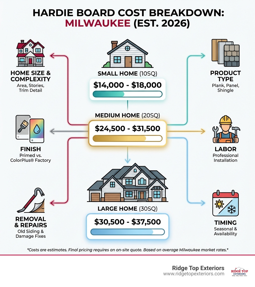 Infographic showing Hardie Board cost breakdown in Milwaukee: Small home $14,000-$18,000, Medium home $24,500-$31,500, Large home $30,500-$37,500, with callouts for key cost factors including home size, product type, finish, labor, removal, and timing - Hardie board cost Milwaukee infographic 