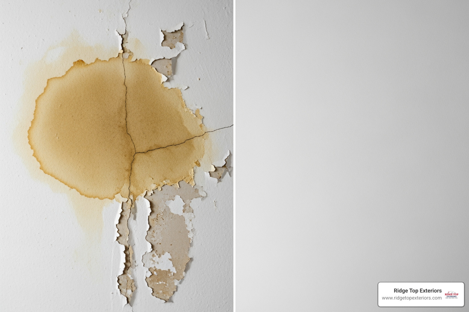 A water-stained ceiling next to a photo of a solid, leak-free roof - Roof Maintenance