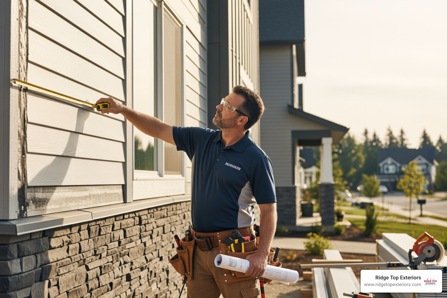 siding contractor measuring exterior wall - New Vinyl Siding Cost