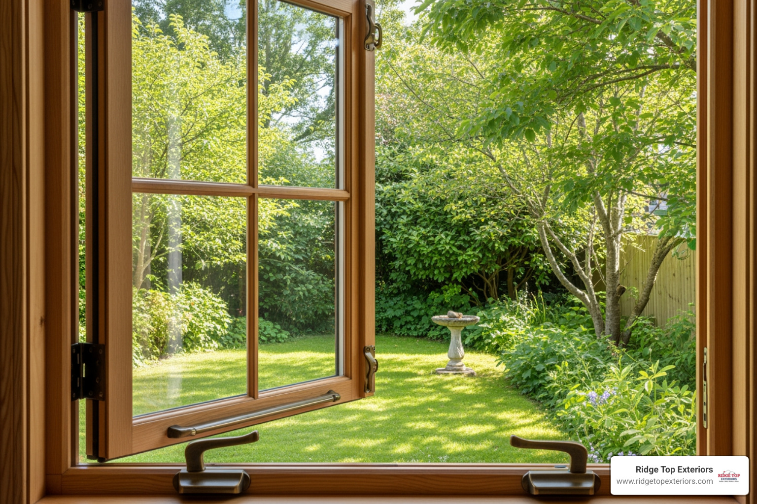 Pella wood casement window with view of a leafy backyard - Pella Windows Milwaukee