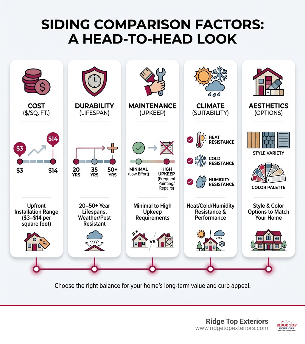 Infographic showing key siding comparison factors: Cost ranges from $3-14 per square foot, Durability spanning 20-50+ year lifespans, Maintenance requirements from minimal to high upkeep, Climate suitability for heat/cold/humidity resistance, and Aesthetics including style and color options - Compare siding options infographic Infographic showing key siding comparison factors: Cost ranges from $3-14 per square foot, Durability spanning 20-50+ year lifespans, Maintenance requirements from minimal to high upkeep, Climate suitability for heat/cold/humidity resistance, and Aesthetics including style and color options - Compare siding options infographic