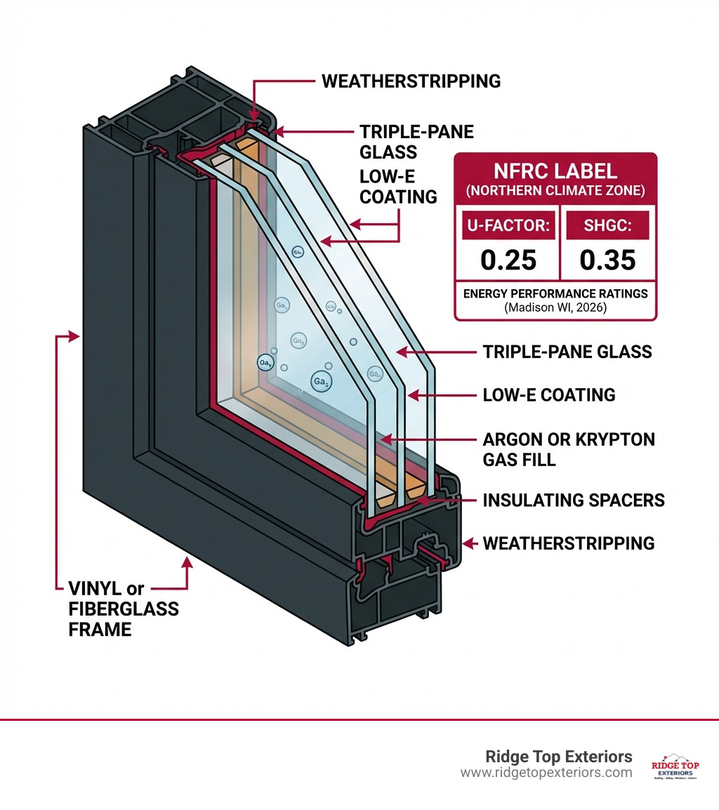 Infographic showing the anatomy of an energy-efficient window with labeled components: triple-pane glass with Low-E coating, argon or krypton gas fill between panes, insulating spacers, vinyl or fiberglass frame, weatherstripping, and NFRC label showing U-factor and SHGC ratings for Madison's Northern climate zone - how to find energy-efficient windows in madison wi infographic 