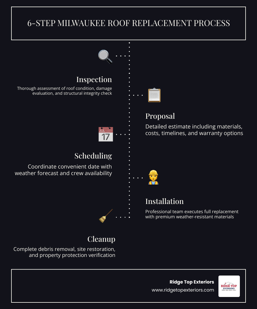 6-step Milwaukee roof replacement process infographic: Inspection, Proposal, Scheduling, Installation, Cleanup, Final