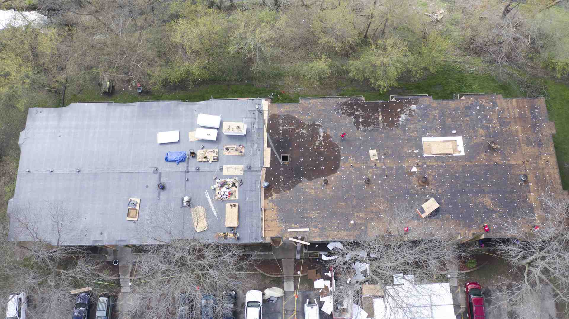 a roof stripped down to the wooden decking - roofing contractor in Cedar Rapids IA