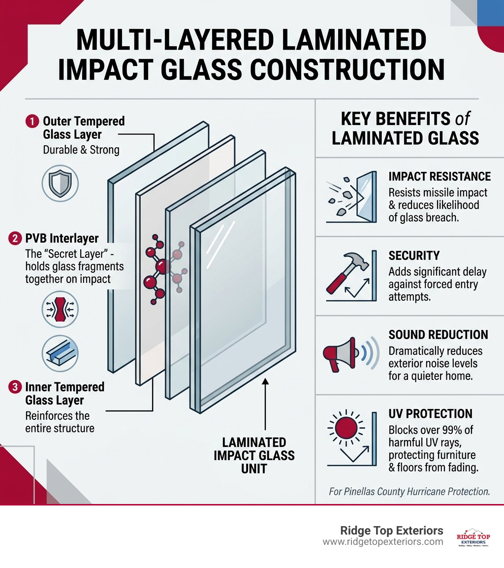 Infographic showing multi-layered laminated impact glass construction with PVB interlayer and key benefits - hurricane