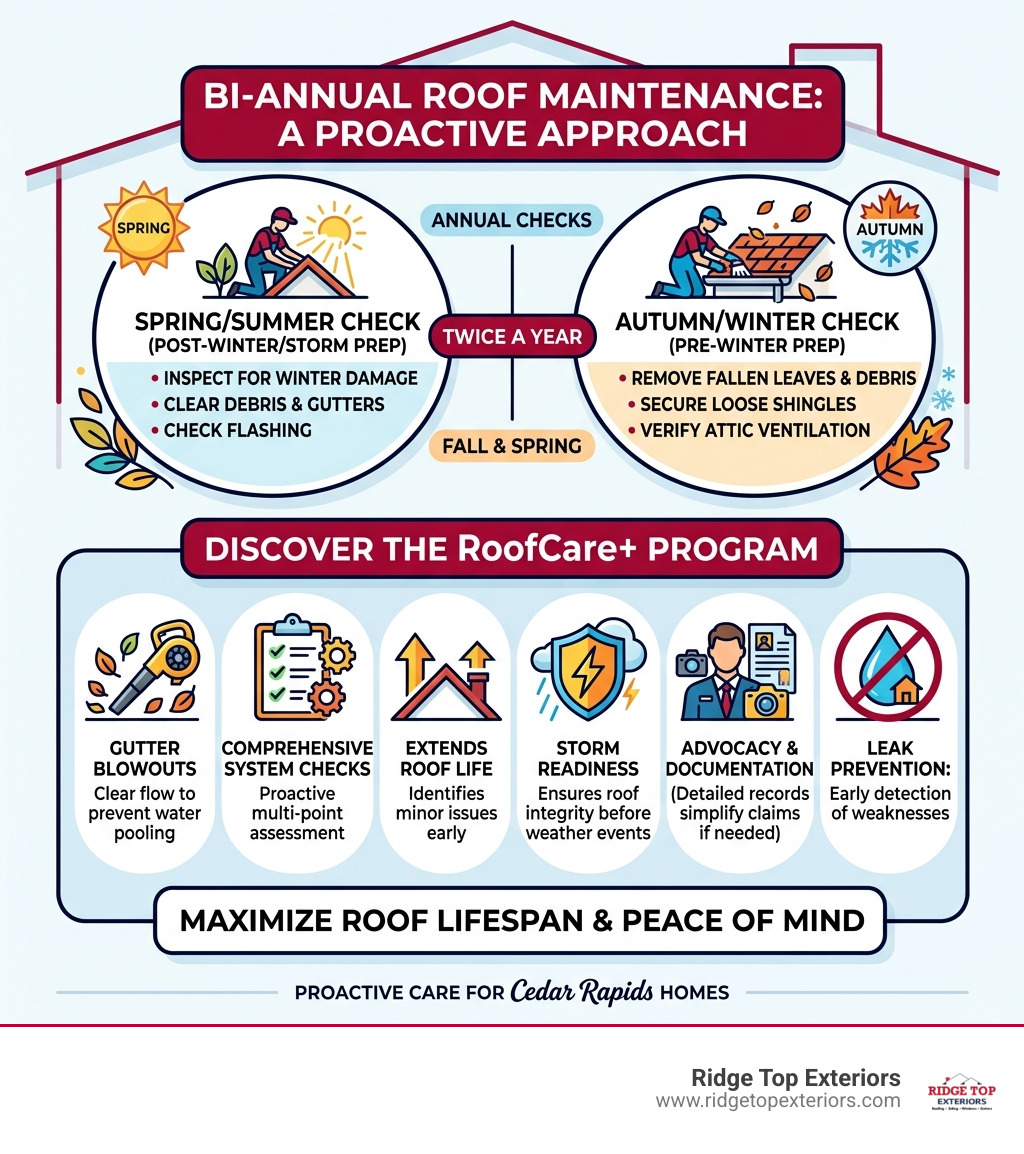 Infographic explaining the benefits of bi-annual roof maintenance and the RoofCare+ program - Roofing Cedar Rapids