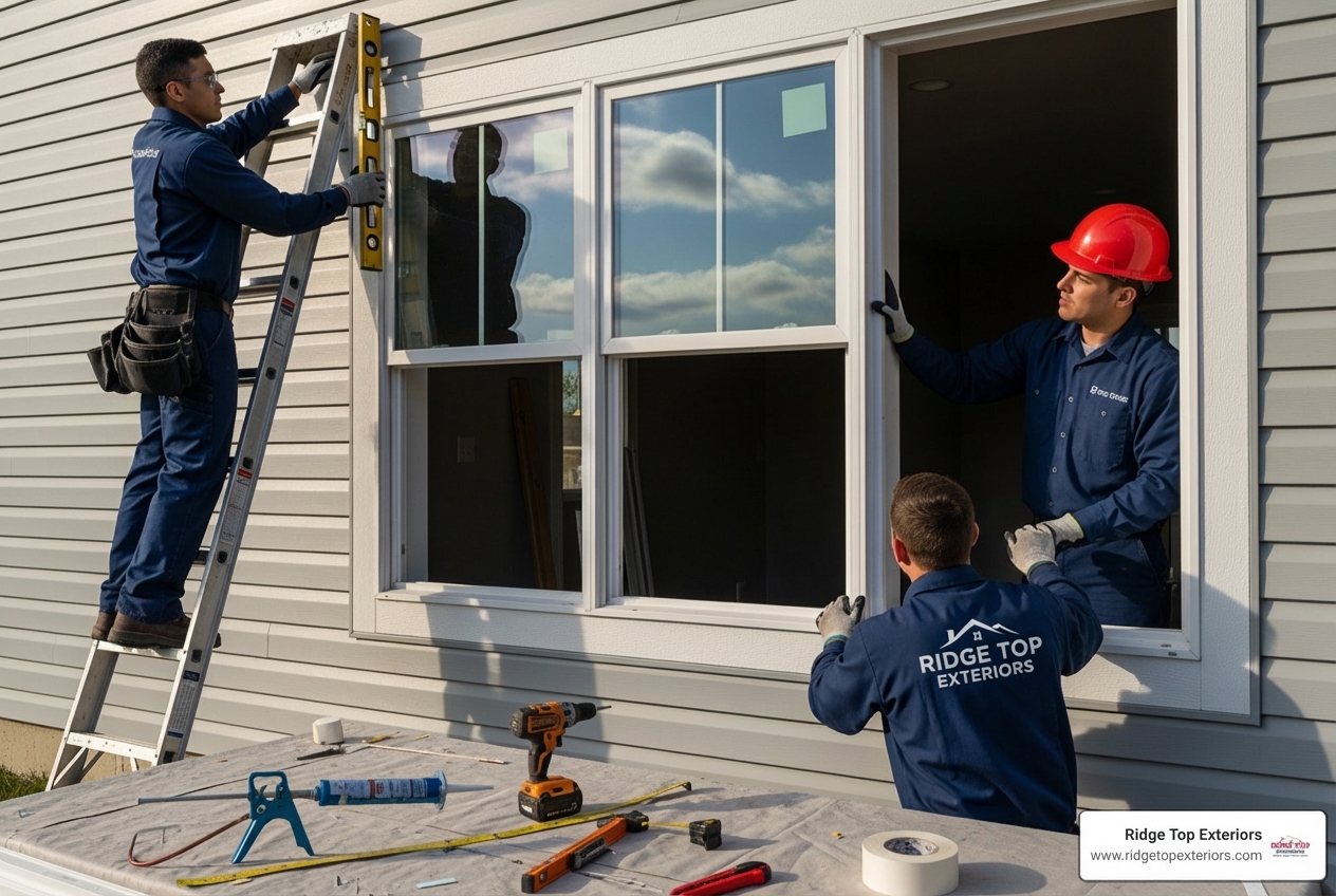 Professional window installation team carefully fitting a new double-hung window into a home's opening, with tools and protective coverings visible. - Double hung windows Madison
