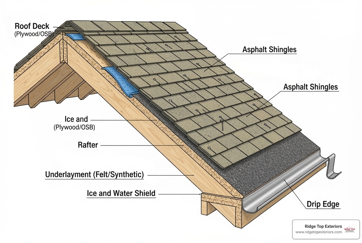Diagram showing the layers of a GAF roofing system from deck to shingles - GAF golden pledge