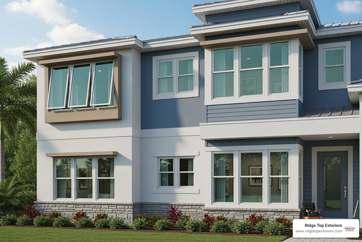various hurricane window styles (casement, single-hung, picture) on a Florida home - Clearwater hurricane windows