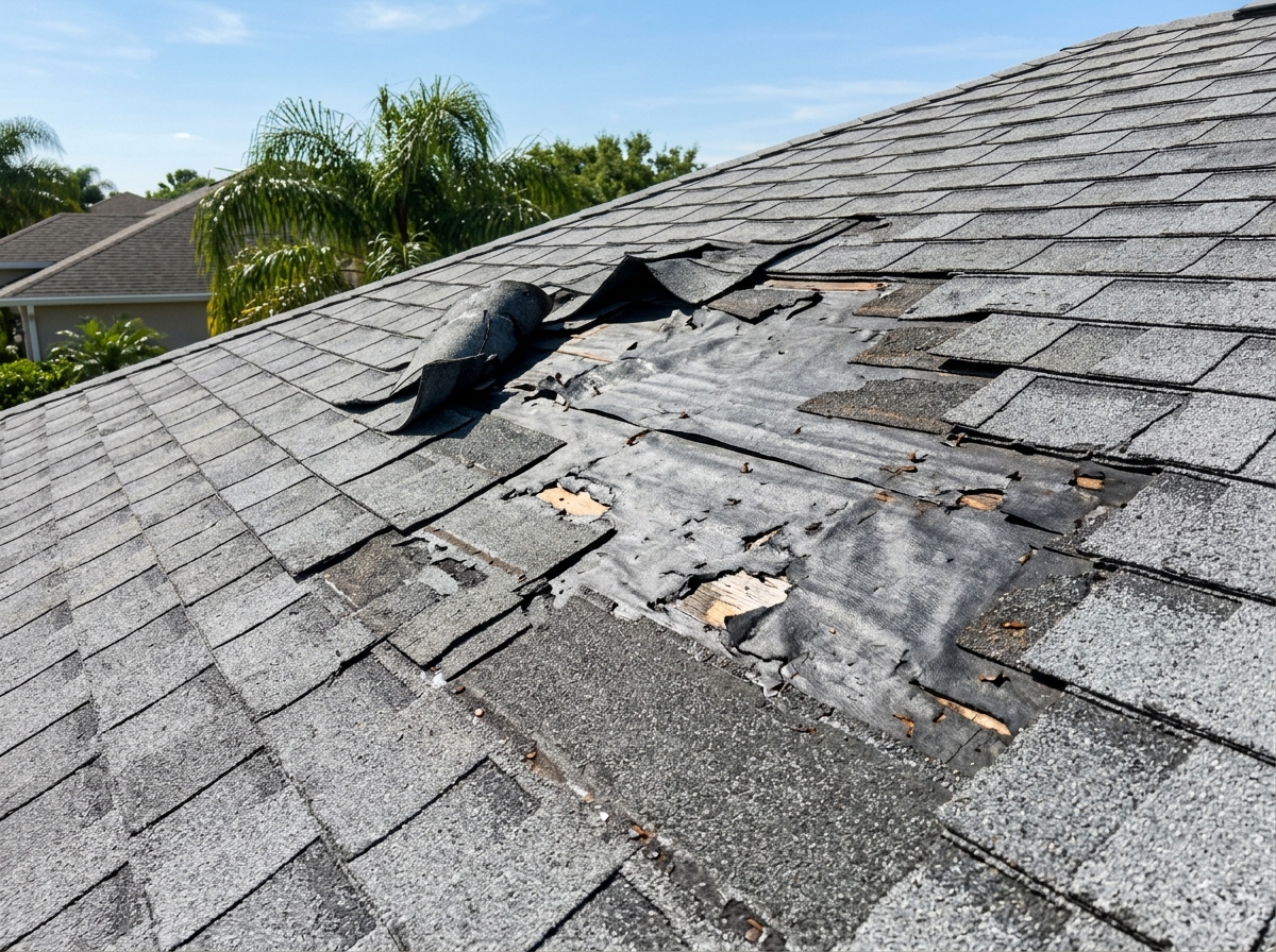 Wind-damaged roof shingles with lifted edges and missing tabs - Storm Damage - Florida